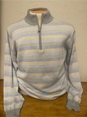 Peter Millar Cream and Light Blue Striped Zip-Up Sweater